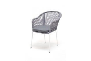 MR1000988 плетеный стул из роупа, каркас стальной белый, роуп светло-серый, подушка серая